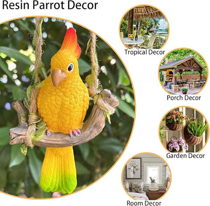 Resin Parrot Hanging Tropical Decor Outdoor Porch Tree Tiki Bar Decorations Outdoor Hanging Bird Sculpture for Christmas Tree Plant Patio Lawn Yard Porch Balconies Decor (Yellow)