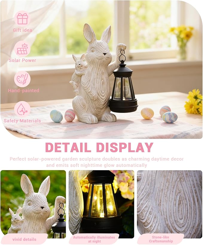 Nacome Solar Bunny Outdoor Garden Statues: Outside Decor with Lantern for Yard Art Lawn Ornaments Porch Patio Balcony - Birthday Gifts for Mom Women Grandma