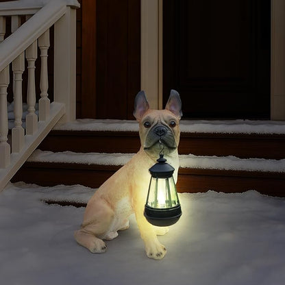 Outdoor French Bulldog Dog Statue with Interchangeable Welcome Sign and Detachable Solar Lantern –LED Light Garden Dog Sculpture Décor, Cute Puppy Design for Yard, Porch, Gift
