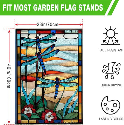 Spring Summer House Flags 28 X 40 Double Sided, Dragonfly Stained Glass Style Flowers Garden Flag Burlap Yard Flags for Outside Seasonal Decoration