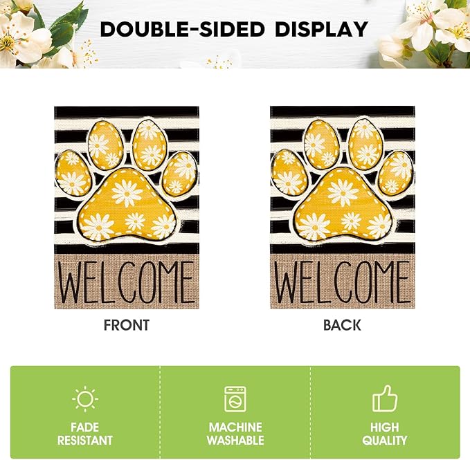 AVOIN colorlife Yellow Paw Print Spring Garden Flag 12x18 Inch Double Sided Outside, Daisy Floral Welcome Stripes Yard Outdoor Flag