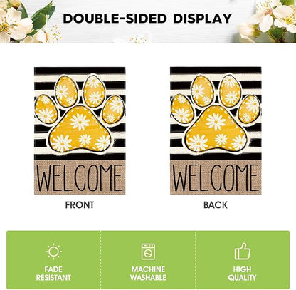 AVOIN colorlife Yellow Paw Print Spring Garden Flag 12x18 Inch Double Sided Outside, Daisy Floral Welcome Stripes Yard Outdoor Flag
