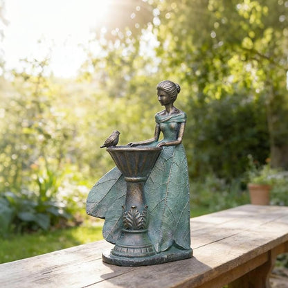 DiliComing Fairy Outdoor-Statues Garden-Decor with Solar - 12 Inch Resin Leaf Girls Birdbath Sculpture Waterproof Outdoor Decor for Patio/Yard, Unique Bird Feeder Figurines Home Decor Gifts for Women