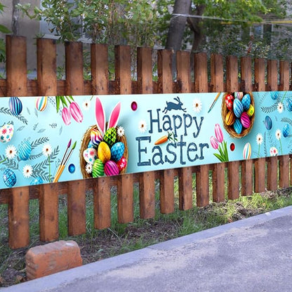 Happy Easter Banner 120" x 20" Outdoor Party Supplies Backdrop Bunny Eggs tulip Easter Banners for Home Decor Outside Indoor Garden Fence Garage Balcony Porch Tree Front Door Decorations