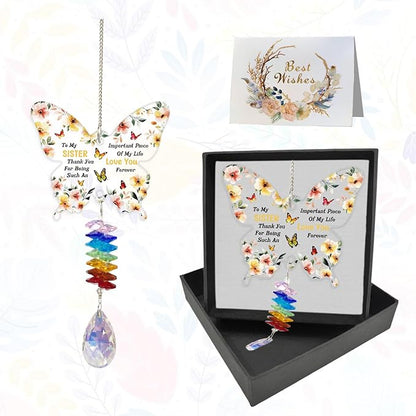 GLOBLELAND Flowers Crystal Suncatcher Gifts for Sisters Butterfly-Shaped Crystal Suncatcher Hanging Ornament Birthday Graduation Anniversary Presents for Sister Bestie Good Friends
