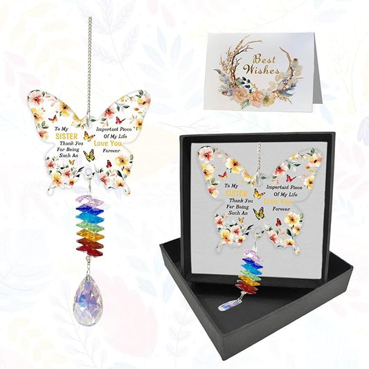GLOBLELAND Flowers Crystal Suncatcher Gifts for Sisters Butterfly-Shaped Crystal Suncatcher Hanging Ornament Birthday Graduation Anniversary Presents for Sister Bestie Good Friends