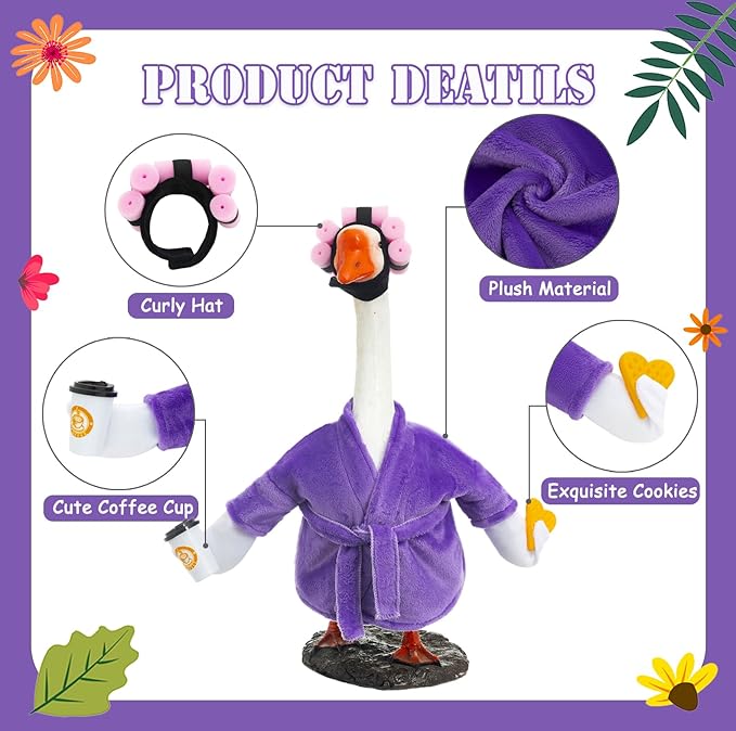 Porch Goose Outfit Fall Costume for 23'' Cement Goose Statue Winter Porch Goose Clothes Mamma Robe Self Care Outfit with Bathrobe Coffee Curlers for Outdoor Garden Yard Lawn Patio Decoration(Purple)