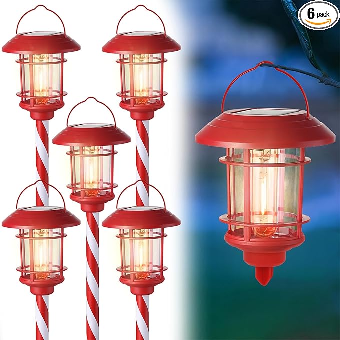 Dynaming 6 Pack Dual Use Solar Christmas Path Lights Outdoor, Hanging Lantern Solar Garden Light with Edison Bulb, Xmas Pathway Markers, Auto On/Off Candy Cane Lights for Patio Yard Walkway Driveway
