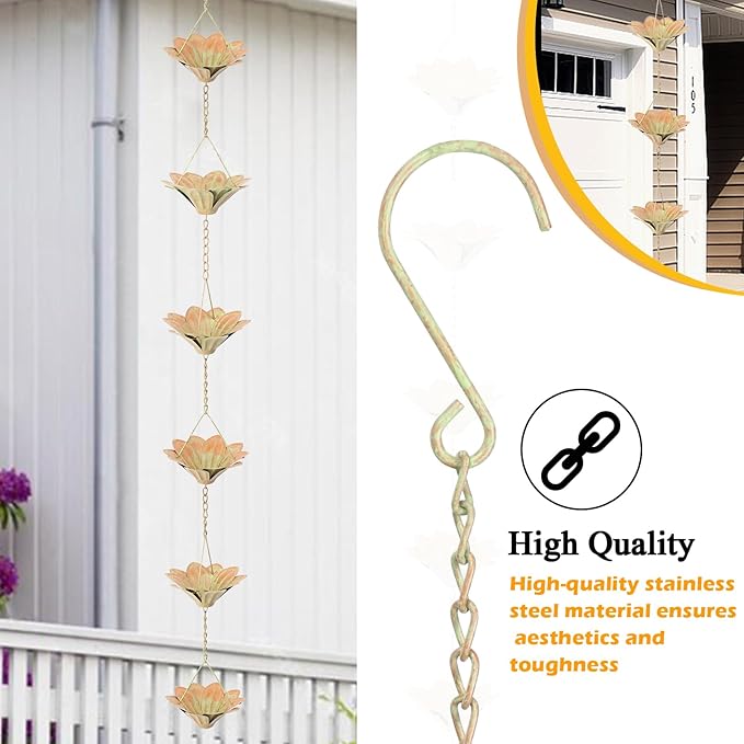 taman Rain Chain Set, 5.6ft Flower Rain Chain for Gutters,Functional and Decorative Replacement Downspout Rain Chain for Outside,Metal Divert Rain Catcher