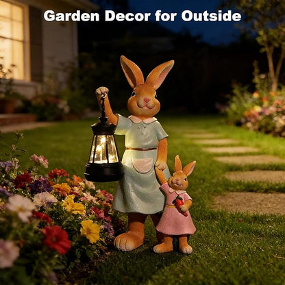 VEEKI Garden Statues Outdoor, Cute Rabbit Statue with Solar Lantern, Resin Bunny Figurines Lights Outdoor Waterproof for Patio Yard Lawn Ornament, Unique Housewarming Birthday Gifts for Women (Bunny)
