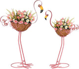 Set of 2 Pink Flamingo Outdoor Planters with Basket, Metal Flamingo Planter for Indoor Outdoor Garden Yard Decor (Flamingo-Planter)