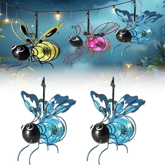 Solar Bees Lights Outdoor, Hanging Bee Solar Garden Light,2025 New Solars Bees Simulation Lights, Waterproof Bumble Bees Solars Light for Party Festivals Garden Decor Birthday Gifts (Blue 2pcs)