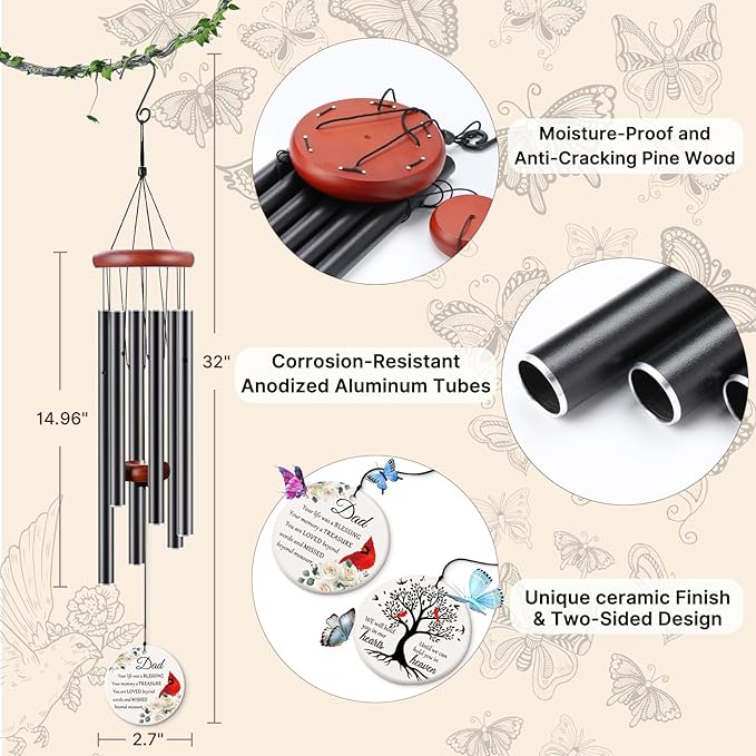 BeauGift Memorial Gifts for Loss of Dad, 32" Ceramic Wind Chimes for Loss of Father Sympathy Gift, Bereavement Remembrance Funeral Gifts for Loss of Father, in Memory of Dad Papa Loved One