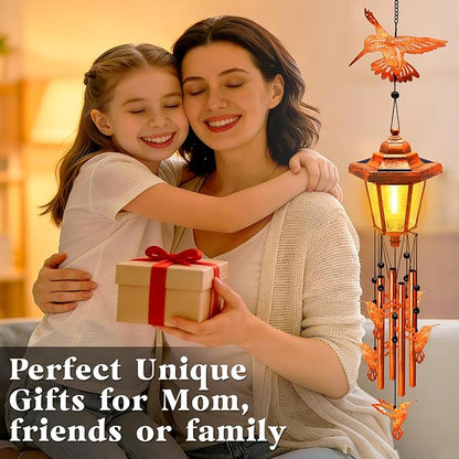 Hummingbird Solar Wind Chimes for Outside, Birthday Gifts for Mom Women Grandma Mother's Day Memorial, 34-Inch Windchimes with Wind Spinner, Outdoor Hanging Solar Lights Yard Garden Decor, 2 Pack