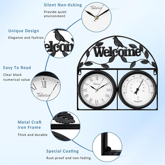 17Inch Large Outdoor Clock,Waterproof Wall Clock with Thermometer,Weatherproof Non-Ticking Quartz Battery Operated Decor Clock for Patio,Garden,Pool,Porch,House Warming Gifts