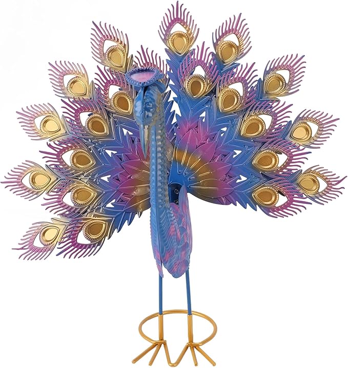 Peacock Garden Statue | Iron Yard Decor with Vivid Colors & Intricate Details | Outdoor Patio/Lawn/Porch Decoration | Freestanding Sculpture for Backyard