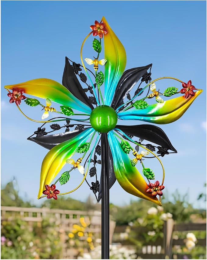 Wind Spinners Outdoor,Kinetic Wind Sculptures & Spinners, 57" Double-Side Metal Wind Spinner for Yard and Garden, Lawn Art Decorations Flower & Bee