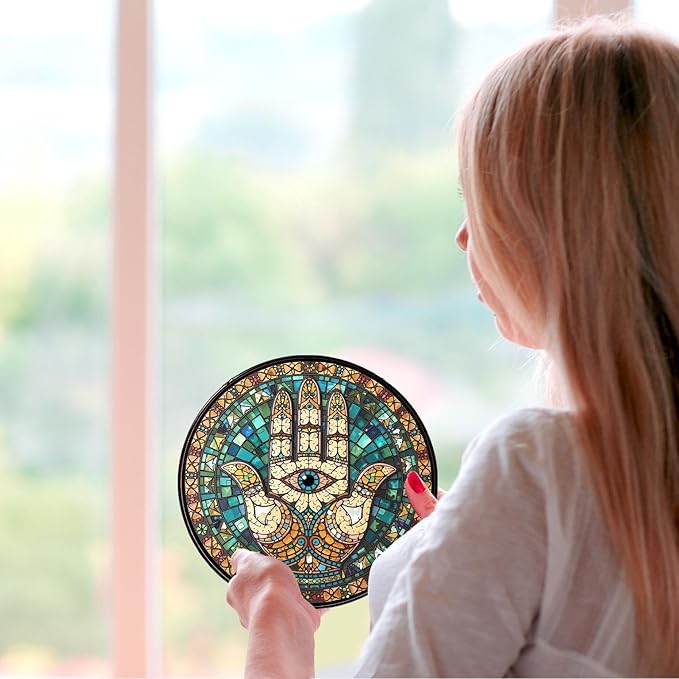 Hamsa Hand Stained Glass Window Hanging Hand of Fatima Sun Catcher Decor Protection Charm Suncatchers for Home Windows Hanging Decoration, 7.87inch
