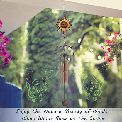 Yellow Sun Wind Chime - Wind Chimes for Outside Deep Tone 34 inches 5 Aluminum Tubes, Birthday, Memorial Gifts for Dad, Grandpa, Son, Decoration for Home, Garden, Patio, Backyard
