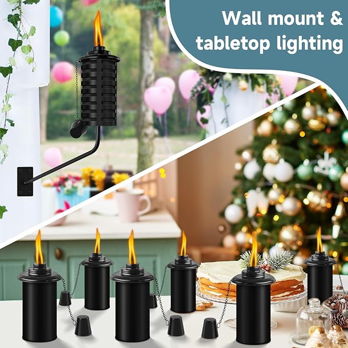 6 Pack Black Wall Mounted Citronella Torches,16 Oz Outdoor Metal Torch,Refillable Garden Torches for Yard, Patio, Deck, Garden, Party, Landscape