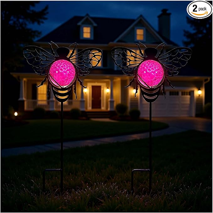 Bee Solar Lights Outdoor Decorations, 2 Pack Metal Iron Solar Stake Lights for Yard, Garden, Lawn Decor