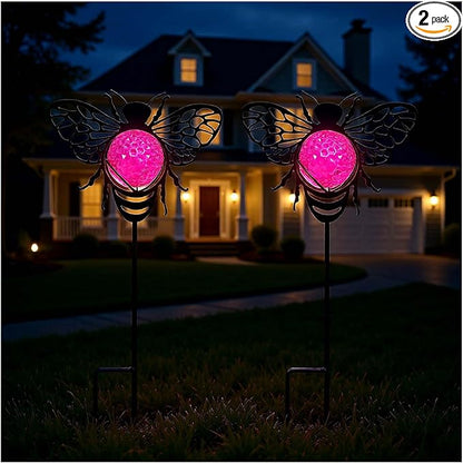 Bee Solar Lights Outdoor Decorations, 2 Pack Metal Iron Solar Stake Lights for Yard, Garden, Lawn Decor
