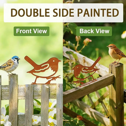 6 Pcs Robins Fence Decor, Outdoor Garden Metal Bird Decoration, Metal Art Ornament for Yard, Double-Side Design
