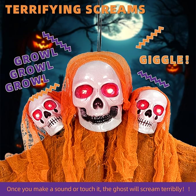 Kendane Halloween Decorations Outdoor and Indoor,Halloween Hanging Ghosts,Scary Grim Reaper Skeleton with Light-Up Eyes and Creepy Sound,Scary Party Decorations for Yard,Lawn,Haunted House Decor