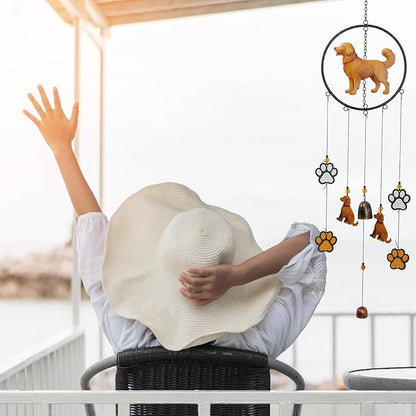CoTa Global Golden Retriever Dog Wind Chime - Dog in Round Frame Hanging Decor with Bronze Tone Wind Chime Tubes and Round Wind Catcher, Indoor Outdoor Porch Patio Yard Garden Decoration - 35 Inches