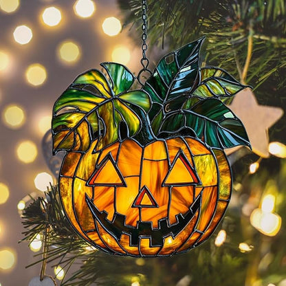 Monstera Jack-o'-Lantern Acrylic Suncatcher Stained Glass Effect Window Car Hanging Christmas Ornament Indoor Outdoor Decor Garden Sun Catcher Panel for Monstera Lover for Women Mom Grandma
