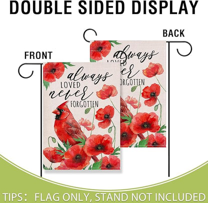 Artofy Spring Summer Cardinal Bird Memorial Small Decorative Garden Flag, Always Loved Never Forgotten Poppy Flower Yard Lawn Outside Decor, Cemetery Burlap Outdoor Home Decoration Double Sided 12x18
