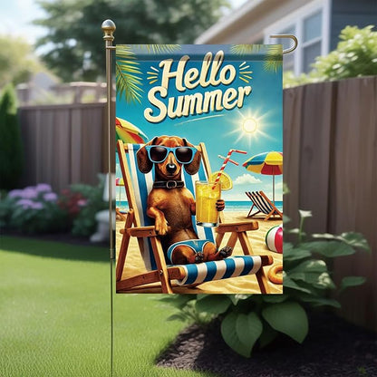 Summer Garden Flag 12x18 Inch Funny Dog Hello Summer Beach Chair Sunglasses Tropical Vacation Design Outdoor Yard Porch Lawn Patio for Seasonal Coastal Home Decor