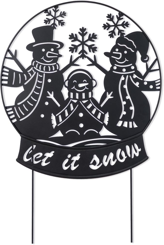 Glitzhome Christmas Metal Silhouette Snowman Family Waterglobe Yard Stake, 30 Inch Outdoor & Wall Decor with Lighted Scene, Holiday Lawn Art for Festive Home Decorations