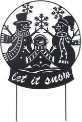 Glitzhome Christmas Metal Silhouette Snowman Family Waterglobe Yard Stake, 30 Inch Outdoor & Wall Decor with Lighted Scene, Holiday Lawn Art for Festive Home Decorations