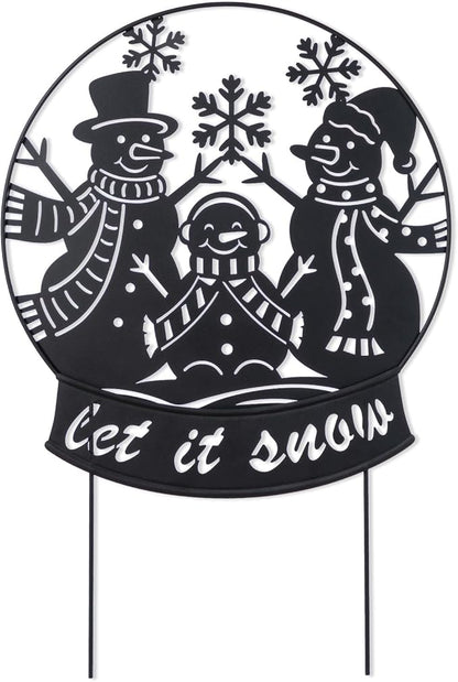 Glitzhome Christmas Metal Silhouette Snowman Family Waterglobe Yard Stake, 30 Inch Outdoor & Wall Decor with Lighted Scene, Holiday Lawn Art for Festive Home Decorations