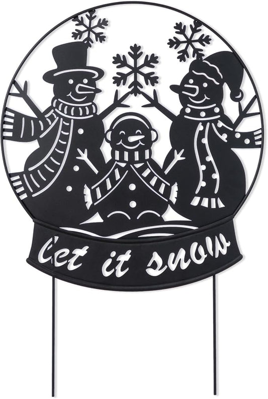 Glitzhome Christmas Metal Silhouette Snowman Family Waterglobe Yard Stake, 30 Inch Outdoor & Wall Decor with Lighted Scene, Holiday Lawn Art for Festive Home Decorations