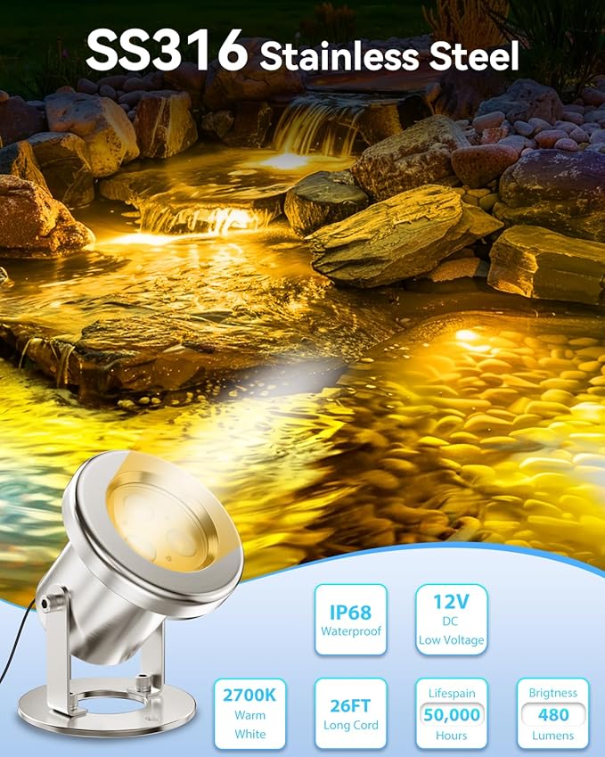 6W LED Pond Light, 2700K SS316 Stainless Steel Underwater Fountain Light with 15FT Cord, IP68 Waterproof Pond Lights LED Underwater for Outdoor Pond Fountain Waterfall Water Feature (1 Pack)