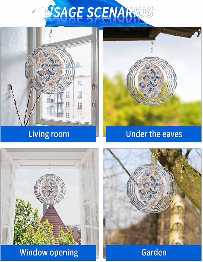 Stainless Steel Wind Spinner for Yard Garden Decoration, Blue Orange Flower Textured Vintage Round Wind Sculpture Spinner 3D Crafts Hanging Ornaments for Indoor Outdoor, 8 Inch