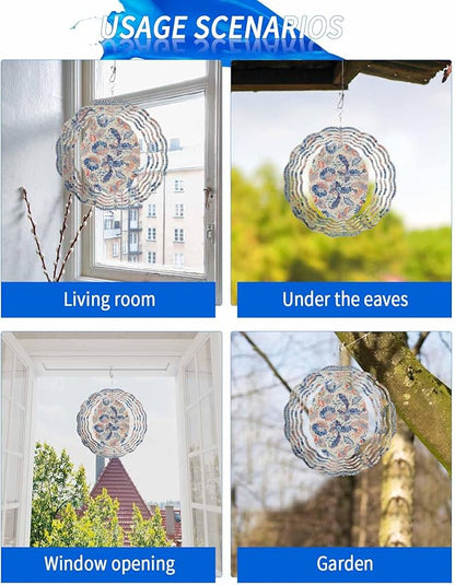 Stainless Steel Wind Spinner for Yard Garden Decoration, Blue Orange Flower Textured Vintage Round Wind Sculpture Spinner 3D Crafts Hanging Ornaments for Indoor Outdoor, 8 Inch