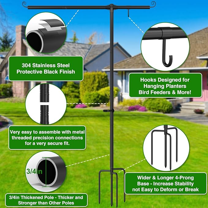 Garden Flag Stand Holder with Shepherd Hooks for 28 x 40 Flag, 63 Inch Height with 3/4 Inch Extra Thick Heavy Duty Garden Flag Pole with 4 Prong Base for Outside Home Yard Patio Decor