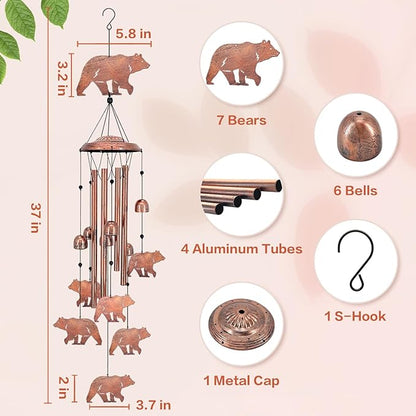 Bear Wind Chimes for Outside,Bear Gifts for Women/Men/Sympathy Gift/Memorial/Festival Birthday Metal windchimes Outdoors/Indoors,Patio,Garden Decor,Yard,Home Decor,Porch
