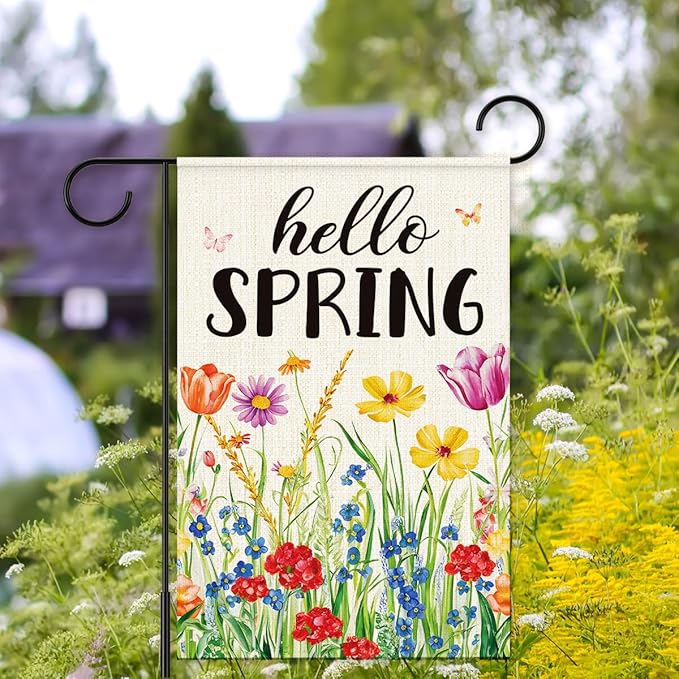Hello Spring Garden Flag for Outside,Spring Wildflower Garden Flag Yard Lawn Porch Flags for Outdoor Decorations 12x18 Inch Double Sided
