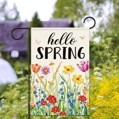 Hello Spring Garden Flag for Outside,Spring Wildflower Garden Flag Yard Lawn Porch Flags for Outdoor Decorations 12x18 Inch Double Sided
