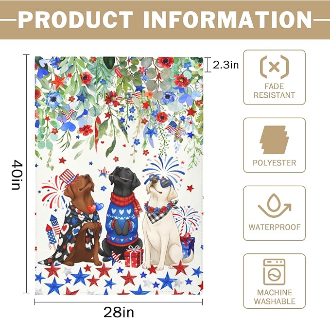 Patriotic Dog House Flag 28 x 40 Double Sided for Outside Large 4th of July Black Lab Garden Flags White Chocolate Labrador 250 Anniversary USA Independence Memorial Day Decor