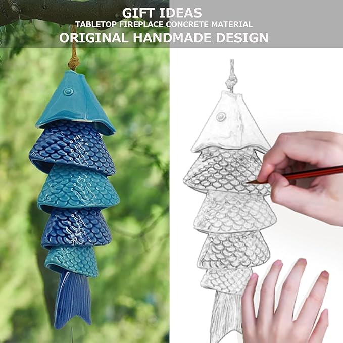 Koi Fish Ceramic Wind Chimes for Outside, 12Inch Garden Fish Decor, Beach Decor, Fish Sculptures for Outdoor, Patio, Pond.