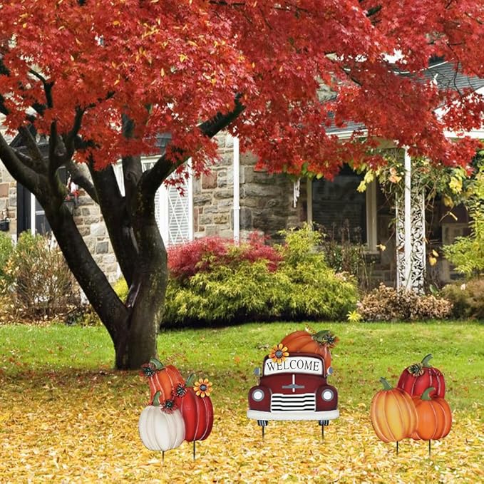 YEAHOME Fall Decorations Outdoor,Multiple Stacked Pumpkin Truck Decorative Garden Stakes for Fall Decor, Autumn Metal Yard Signs for Home Outside Garden Lawn Porch, Thanksgiving Decorations Outdoor