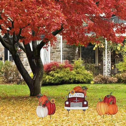 YEAHOME Fall Decorations Outdoor,Multiple Stacked Pumpkin Truck Decorative Garden Stakes for Fall Decor, Autumn Metal Yard Signs for Home Outside Garden Lawn Porch, Thanksgiving Decorations Outdoor