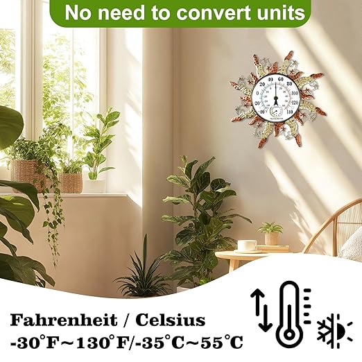 pealstar Outdoor Thermometer Waterproof Sun Decorative Outdoor Thermometers for Patio 13" Large Metal Wall Thermometer for Garden Yard Garage Decor