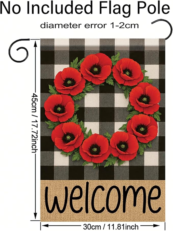 Buffalo Plaid Welcome Wreath Garden Flag Red Poppy Flower Flag 12x18 Double Sided Tropical Yard Flowers Floral Decor for Spring Summer Fall Outdoor Porch Patio Lawn Farmhouse