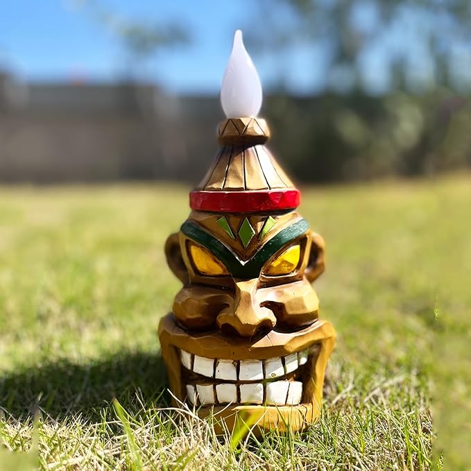 Outdoor Solar Tiki Statue Decor - Tiki Bar Decoration - Torch Tiki Head Statues for Patio, Yard, Backyard, Lawn, Garden Gift, Garden Tiki Figurine 8.74 Inch Tall